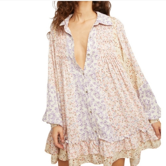 Free People Lost In You Floral Print Tunic Light White-Pink-purple Small S - Picture 1 of 7